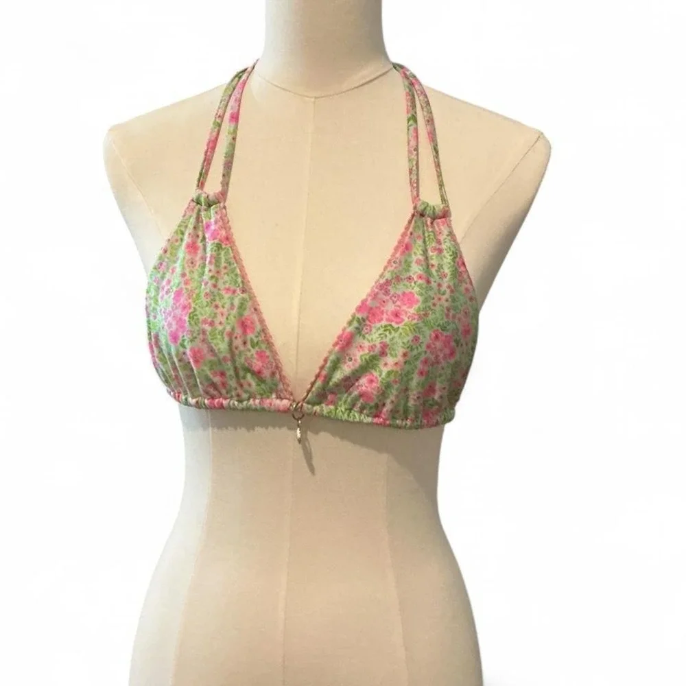 Kulani Kinis Bikini Top Women Medium Pink Green Floral Excellent Triangle Halter